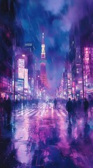 Fototapeta premium Vibrant watercolor painting of Tokyo at night