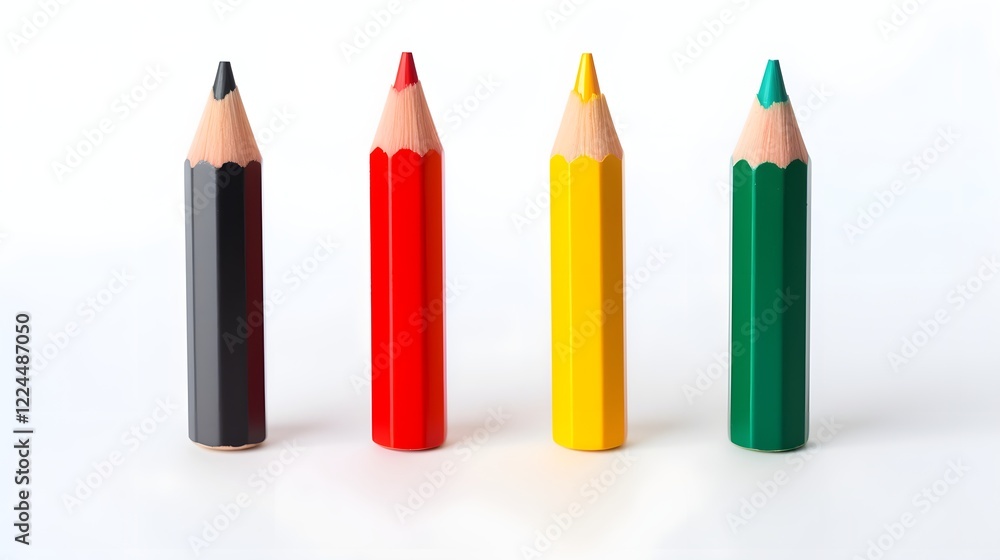 Poster three vibrant primary colored pencils artfully arranged on a clean minimalist white backdrop creatin