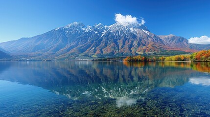 Serene Autumn Lake Reflecting Snow-Capped Mountain Range