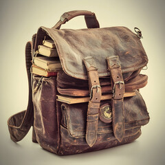 Vintage leather backpack filled with books, studio shot against a pale background