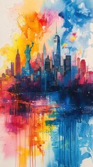Fototapeta premium Vibrant watercolor painting of New York City skyline
