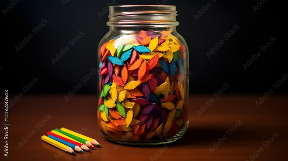 Aufkleber sharpened colored pencils in a glass jar with colorful shavings neatly arranged on a flat minimalist