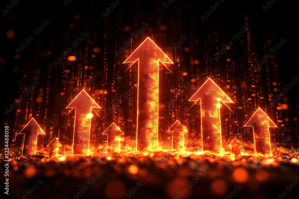 Wall mural glowing digital arrows rising in a futuristic data stream representing growth and success in technol