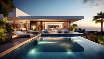 Fototapeta premium Luxury Modern Mansion at Sunset – Architectural Masterpiece
