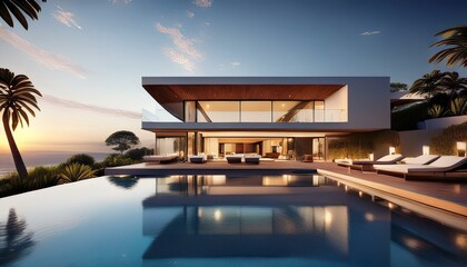 Fototapeta premium Luxury Modern Mansion at Sunset – Architectural Masterpiece