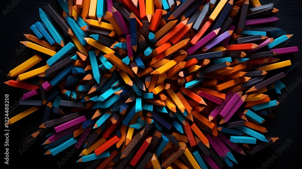 Aufkleber an arrangement of vibrant multicolored pencils randomly scattered across a smooth jet black backgrou