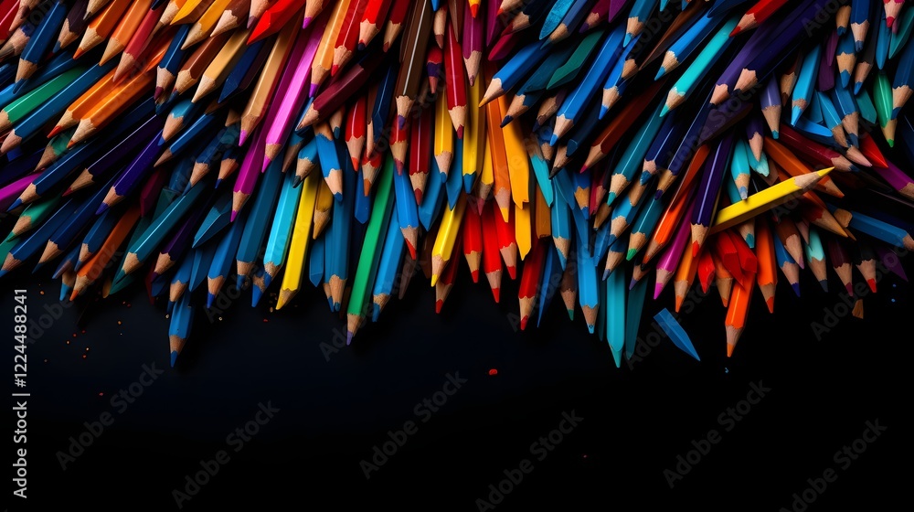 Poster vibrant array of colored pencils haphazardly scattered on a sleek black surface creating an abstract
