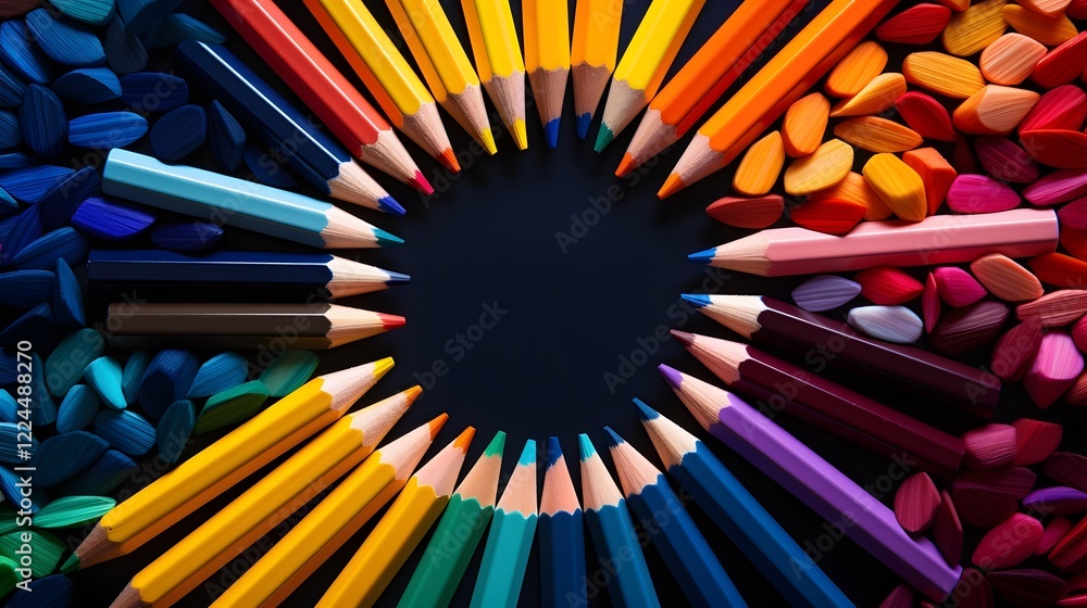 Poster vibrant assortment of colored pencils randomly scattered and placed on a sleek black surface in a 16