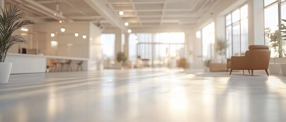 Bright spacious interior with sunlight and modern furniture in a large open office space