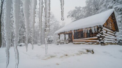 Fototapeta premium Icicles dripping, snowy cabin, winter forest, postcard