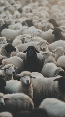 Fototapeta premium A single black sheep stands out in a large flock of white sheep, symbolizing uniqueness and individuality.