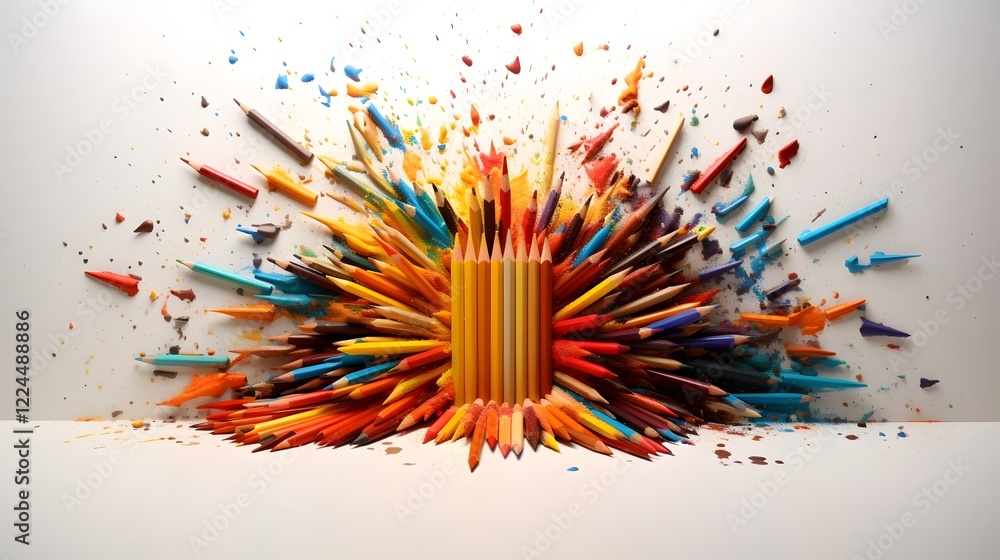 Poster a vibrant and dynamic composition featuring an explosion of colorful pencils and shavings scattered 