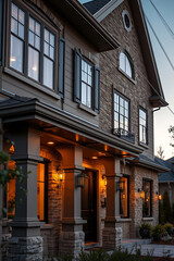 Obraz premium Luxury Home Exterior at Night: Stone Facade, Elegant Design, and Warm Lighting. A stunning example of modern residential architecture.