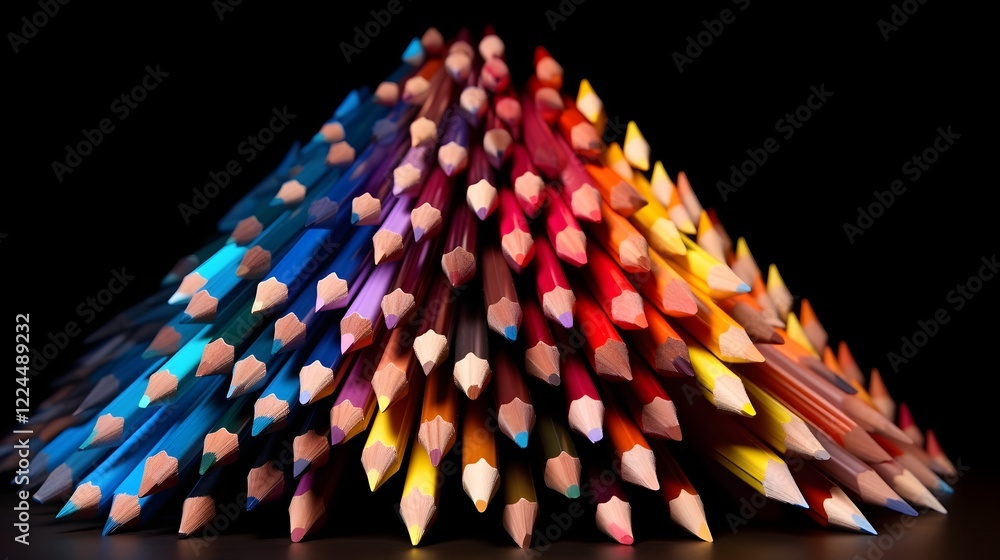 Poster vertically stacked arrangement of multicolored pencils against a simple clean background this image 