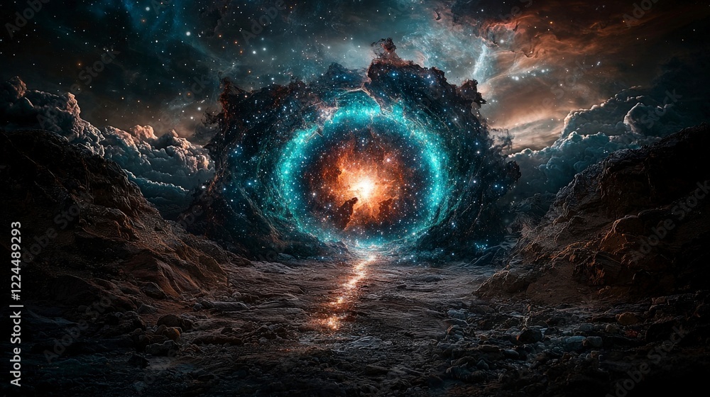 Poster shimmering cosmic trail of stardust to a celestial gateway a mystical outer space digital art experi