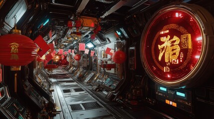 Obraz premium A space station decorated with traditional Chinese New Year ornaments, including red envelopes and holographic lanterns
