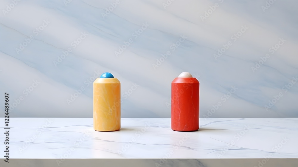 Poster a minimalist scene featuring three vibrant colored pencils arranged on a sleek marble background cre