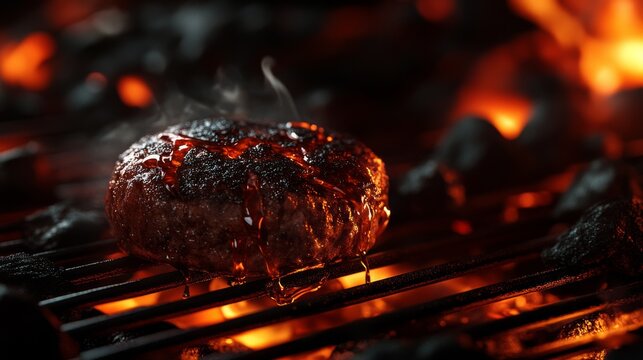11.A sizzling burger patty on a grill rack, with charred grill marks and small drops of fat dripping onto glowing coals, producing a smoky haze.