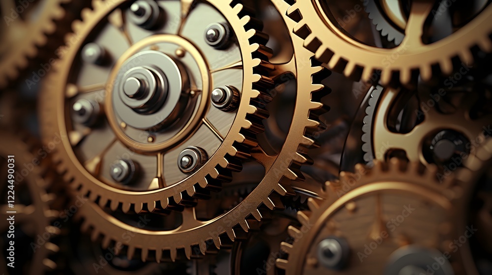 Poster close up detailed view of gears and cogs in motion inside an industrial machine or mechanism metalli