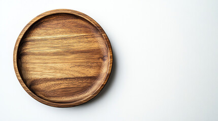 Empty wooden plate on a white background – minimalist composition