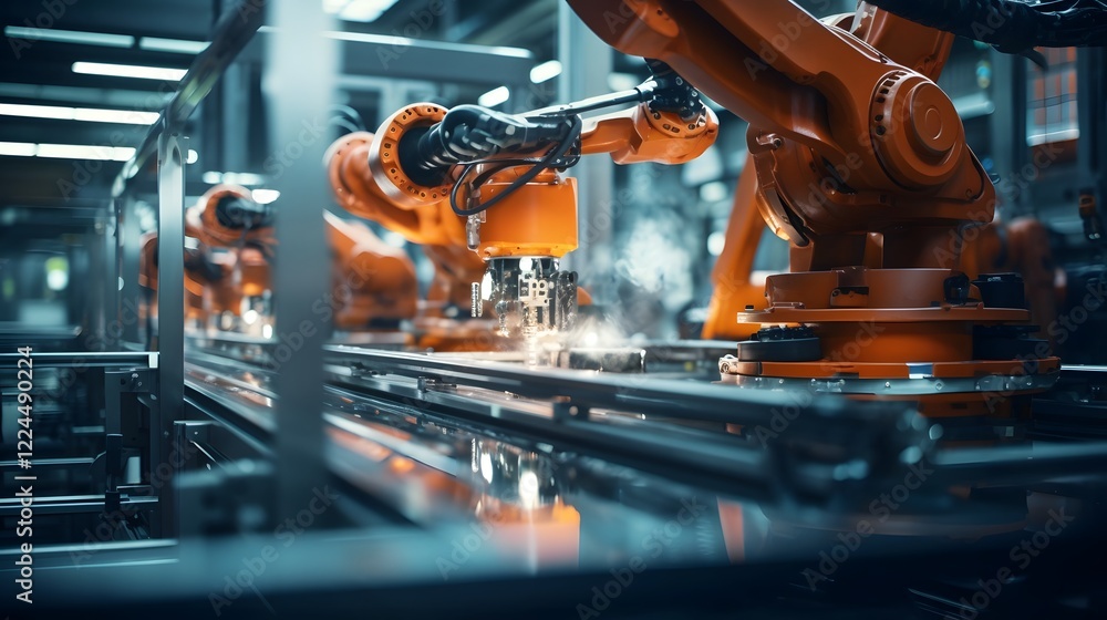 Poster automated industrial machinery and equipment working on a factory production line showcasing the adv