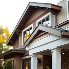 Fototapeta premium Elegant Home Exterior: Brown and White Architectural Design. Modern House with Classic Porch Columns. Real Estate Photography