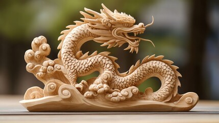 Obraz premium A hand-carved wooden dragon sculpture with delicate details, symbolizing strength and prosperity for Chinese New Year