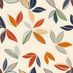 A seamless pattern featuring stylized leaves in various colors on a light background.