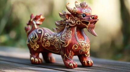 Fototapeta premium A unique hand-carved wooden Chinese zodiac animal with intricate details, painted in festive red and gold tones