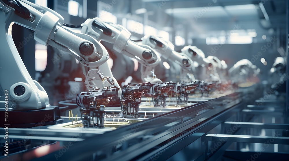 Poster robotic machinery meticulously assembling various components on an automated production line in a mo