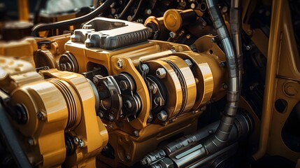 Detailed Close up Photograph of the Hydraulic System and Its Intricate Components on a Large Industrial Heavy Machinery or Equipment
