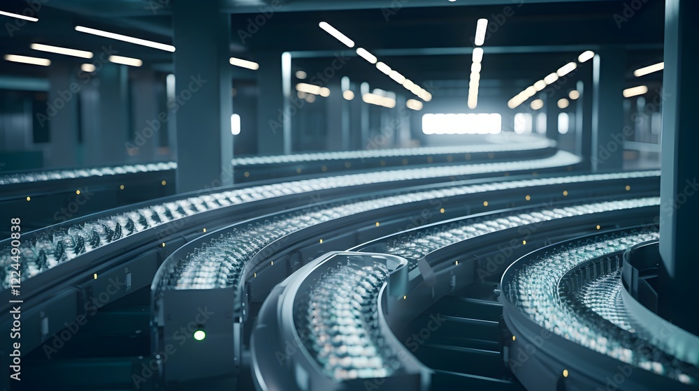 Poster automated conveyor belt system with advanced high tech machinery operating in a modern industrial fa