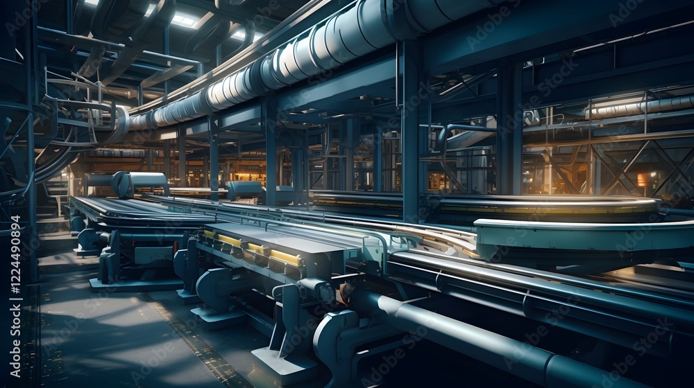 Poster highly automated conveyor belt with advanced machinery for efficient industrial production this imag
