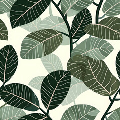 A seamless pattern featuring various green leaves on a light background.