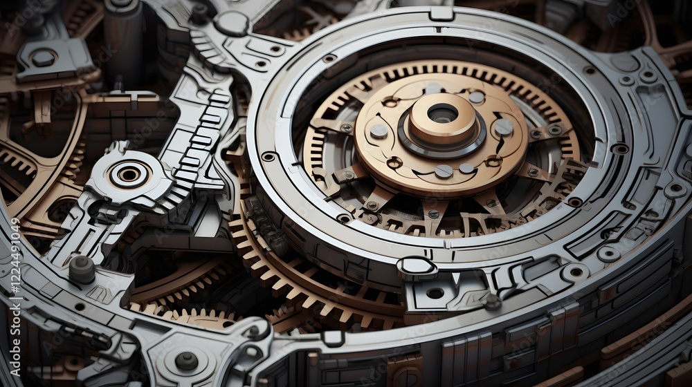 Poster a highly detailed and complex 3d rendering showcasing an assortment of intricate machinery parts gea
