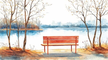Obraz premium A serene lakeside scene featuring a red bench surrounded by bare trees, creating a peaceful atmosphere perfect for reflection.