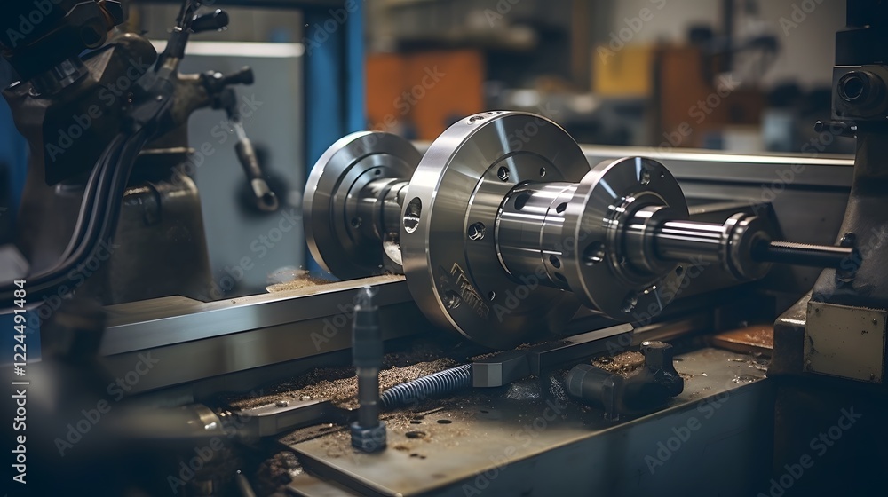 Poster close up view of a precision metal lathe expertly turning and shaping a metallic workpiece in a well