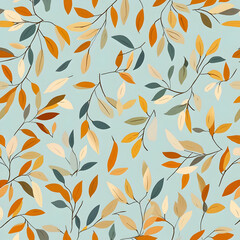 A seamless pattern of colorful leaves on a light blue background.