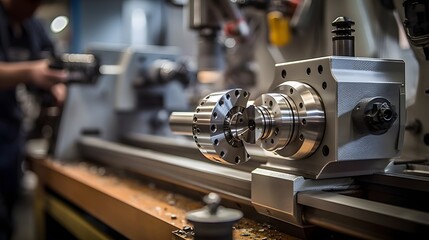 Naklejka premium Precision lathe machinery turning and shaping a metal piece in an industrial metalworking workshop with various manufacturing tools and equipment Concept of engineering fabrication