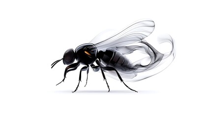 Detailed Close up of a Black Insect with Transparent Wings on White Background