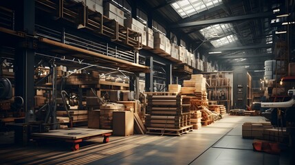 Automated industrial machinery packaging and processing goods in a modern warehouse facility  Conveyor belts robotic arms