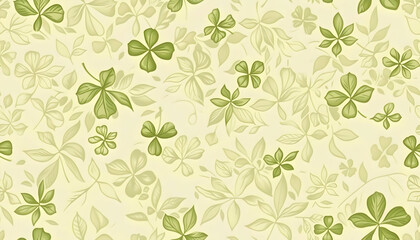 A seamless pattern of green leaves and clovers on a light background.