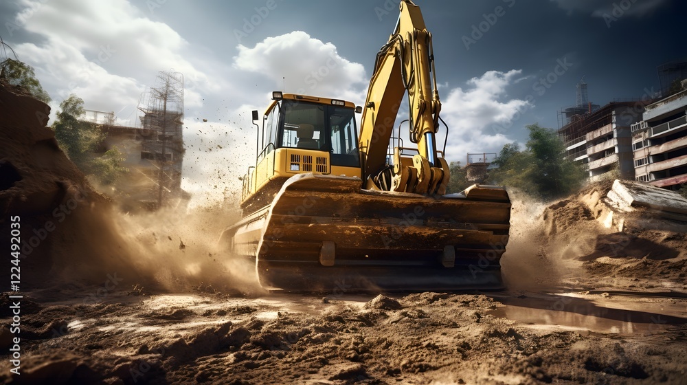 Poster powerful bulldozer excavating and moving soil at a large scale construction site for building new in