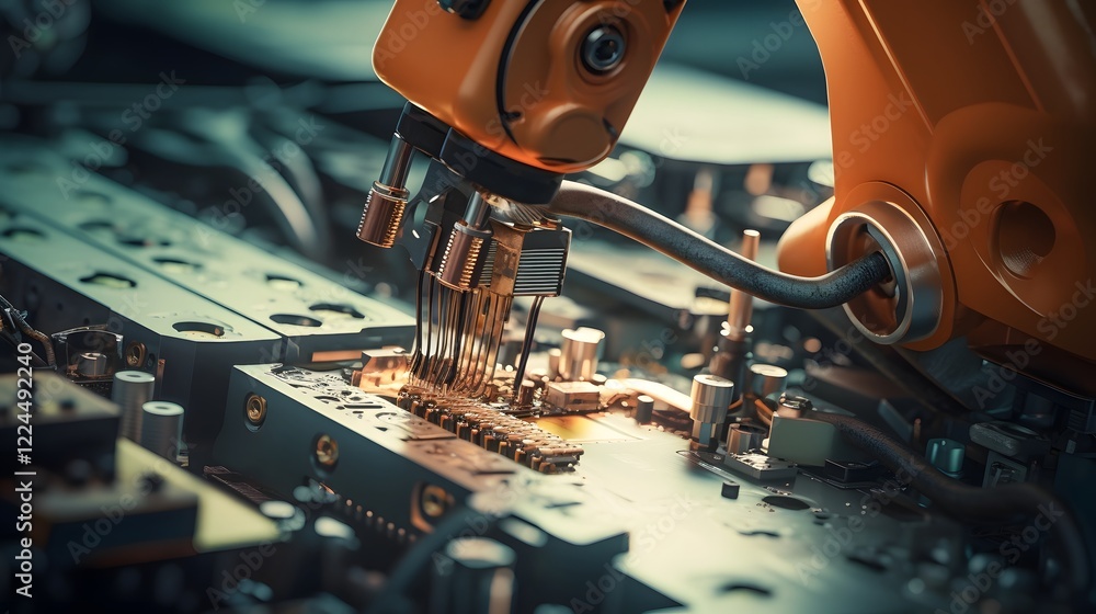 Poster robotic arm meticulously assembling electronic components on a printed circuit board pcb in a state 