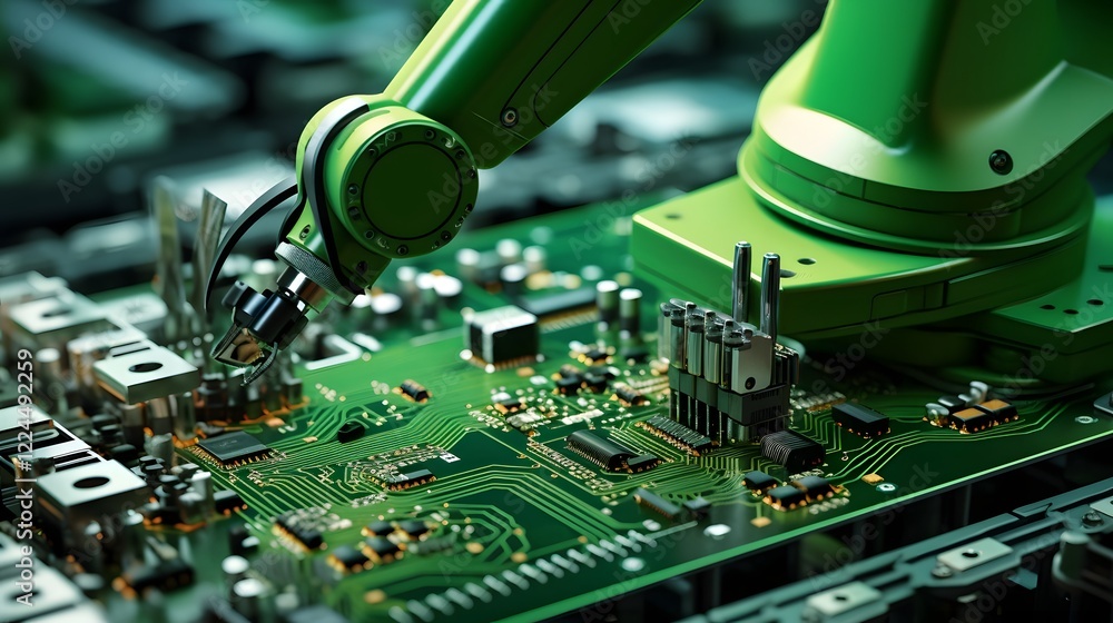 Poster robotic arm meticulously assembling electronic components on a printed circuit board pcb in a high t