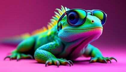 Fototapeta premium Cool Iguana Wearing Sunglasses on Pink Background