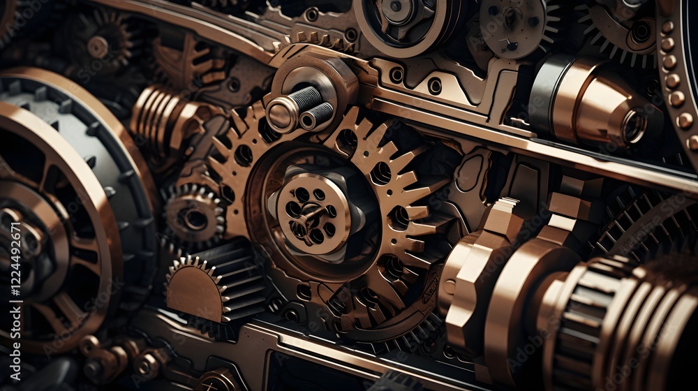 Poster close up view of intricate industrial engine components showcasing the complex mechanics and enginee