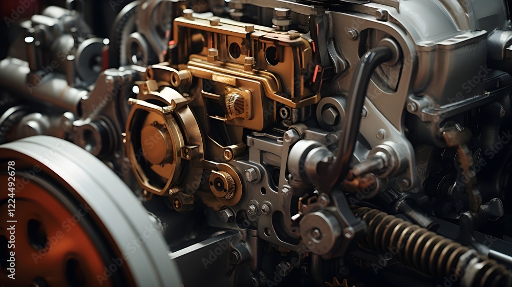Aufkleber detailed close up shot of the intricate components and inner workings of an industrial engine showca