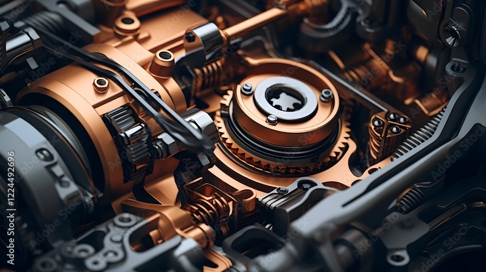Poster closeup view showcasing the intricate components and mechanisms of an industrial engine highlighting