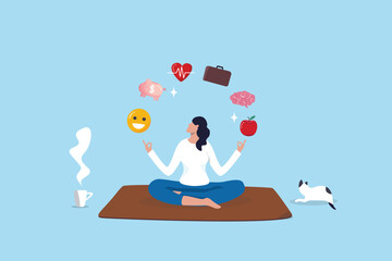 Wellness, lifestyle wellbeing, relaxation to balance happiness, mindfulness mental health, vitality or zen-like health nutrition, meditation concept, calmness woman meditate health wellness elements.